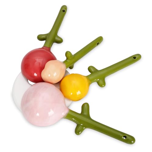 Ceramic Measuring Spoons Set in Pot - Flower Cute Measuring Cups Spoons with Holder for Dry Wet Ingredients Dishwasher Safe Blue Cute Baking Supplies