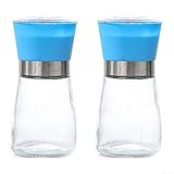 Gdfnmogo Molinillo manual de especias de acero inoxidable con recipiente de vidrio para sal, pimienta y hierbas, molinillo de alimentos compacto multifuncional para uso en cocina, paquete de 2 (A azul