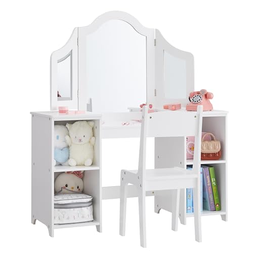 MOUDS 2 in 1 Kids Vanity Set, Princess Makeup Table, Toddler Vanity with Open Storage Cabinet, Easy Assembly Vanity with Detachable Tri-fold Mirror for Little Girls Age 3-9 (White with Chair)