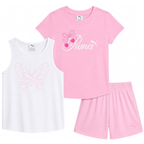 Image of PUMA Girls Active Shorts Set - 3 Piece Performance T-Shirt, Tank Top, Gym Shorts - Summer Athletic Outfit for Girls (7-14)