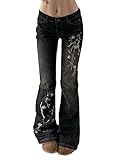 Women Bell Bottom Jeans Stretchy Flare Mid Rise Embroidery Vintage Denim Pants 90s Outfits Y2k Clothes