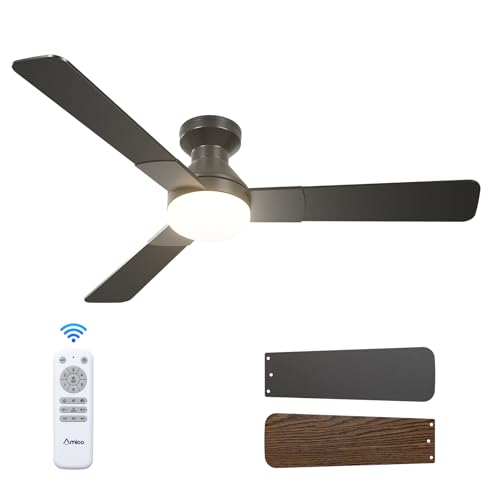 Image of Amico Ceiling Fans with Lights, 52 inch Low Profile Ceiling fan with Light and Remote Control, Flush Mount, Reversible, 3CCT, Dimmable, Noiseless, Black Ceiling Fan for Bedroom, Indoor /Outdoor Use