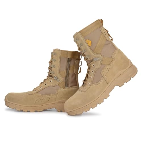 Alpha Aerolite 8.0 Suede Side Zip Leather Military & Tactical Work Boots with Side Zipper 8 Inch Combat Boots, Lightweight Comfortable Shoes, Durable & Breathable, Motorbike Boot -Beige, 6 US