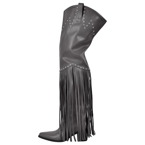 Image of richealnini Western Thigh High Cowboy Boots with Fringe Over Knee Wide Calf Cowgirl Boots