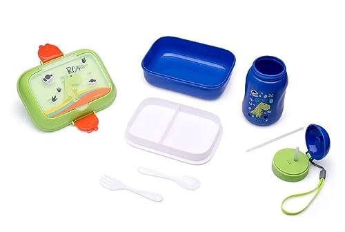Kit Lanche Dino Garrafa Plástica 500ml + Marmita 700ml - Caixa C/ 1 Kit Leoeleo
