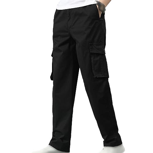 Mens Relaxed Fit Casual Pants Straight Leg Loose Fit Cargo Trouser Elastic Waist Tactical Pants Multi Pockets (X-Large,Black)