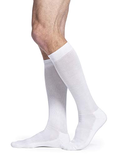 Image of Sigvaris Men's Motion Cushioned Cotton 360 Closed Toe Calf-High Socks 20-30mmHg - Whie - Small Long