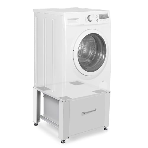 RELLES Waschmaschinen Untergestell mit Schublade, bis 500 kg Tragkraft, Unterbau aus Stahl, 60x54cm Podest für Waschmaschine & Trockner, stabilen Höhenverstellbaren Füßen, 43-48cm hoch