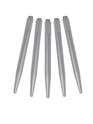 PMU Microblading Handles - 5 Piece Sterile Individually Packaged Manual Holders with Locking Grip - Disposable Permanent Makeup Brow Tattoo Tool - Lightweight SIlver Aluminum