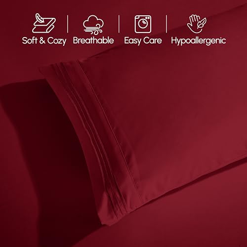 Image of Elegant Comfort Luxurious 1500 Premium Hotel Quality Microfiber Three Line Embroidered Softest 4-Piece Bed Sheet Set, Wrinkle and Fade Resistant, RV Short Queen, Burgundy