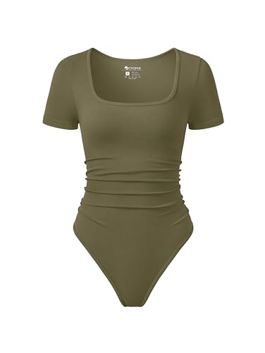 Image of OQQ Women Bodysuits Ruched Short Sleeve Square Neck Stretch Lounge Travel Bodysuits