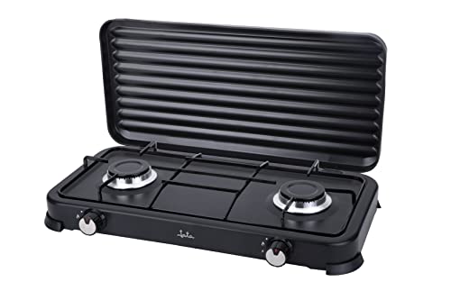 Jata JECG2702 Cocina de Gas portátil de 2 fuego con parrilla, Apta para butano y propano, Tapa protectora extraíble, Ideal para camping, Ocupa poco espacio