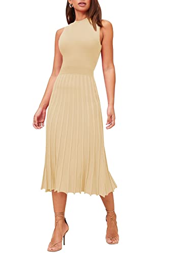 Pink Queen Women's Elegant Crew Neck Sleeveless Party Club Ribbed Pleated Flowy Knit Bodycon Midi Dress Apricot S
