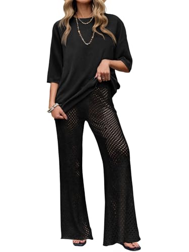 Tankaneo Women's Summer 2 Piece Swimsuit Cover up 3/4 Sleeve Tops and Flare Pant Set Bathing Suit Beach Outfit