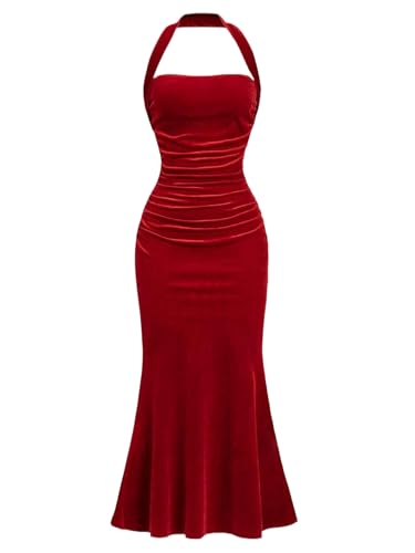 BekeBig Girls Summer Bodycon Halter Dress Long Velvet Elegant Maxi Ruched Fishtail Dress Cocktail Party Dresses Kid 8-12 Y (9 Years) Red