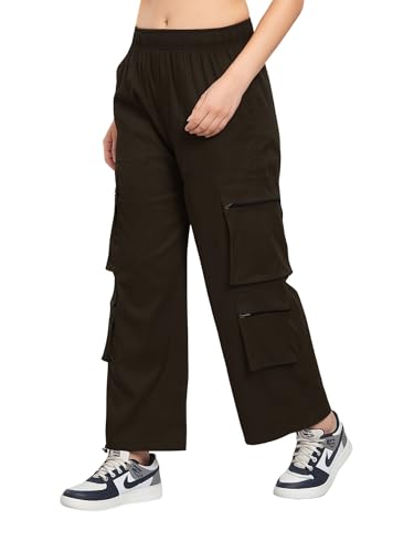 Image of ADDYVERO Elastic Cotton Solid Non-Stretchable Regular Fit Full Length Women six Pockets Cargo Pant (Brown, 32)