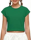 Arshiner Mädchen T-Shirts Crop Top Ärmel Sport Sommer Bauchfrei Kinder Einfarbige Shirts Tops Casual Basic Mode Oberteile Tee Rundhalsausschnitt Grün 7-8 Jahre