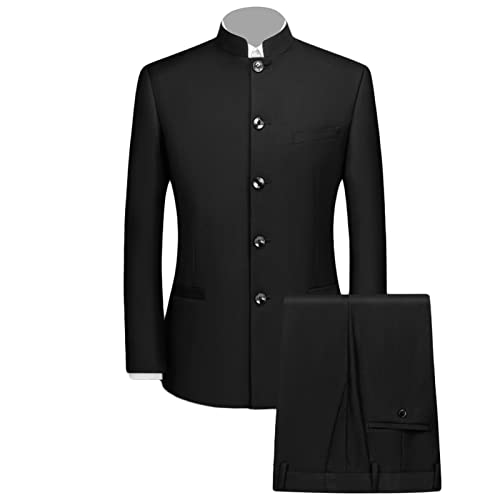 Herren 2 Teiliger chinesischer Tunika Anzug Schlankes Blazer Set mit Stehkragen Knopf Jacken Hosen Sets Traditionelles Uniform Bräutigam Kleid (M,Schwarz)