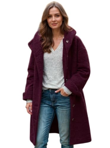 Image of Akivide Womens Winter Warm Fleece Woolen Long Hooded Jacket Oversized Button Down Casual Shearling Pea Coat with Pockets