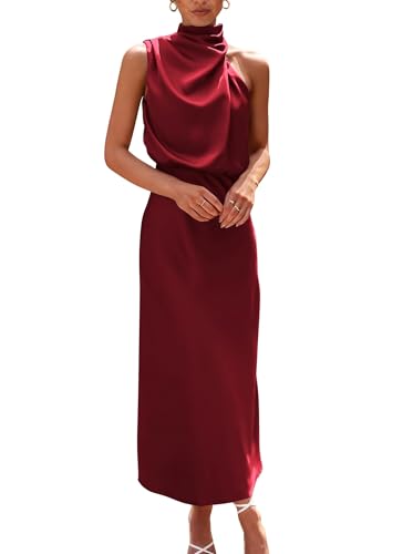 Vestido largo de satén sin mangas para mujer, para primavera, verano, elegante, formal, boda, cóctel, fiesta, noche, talla grande, rojo vino, L