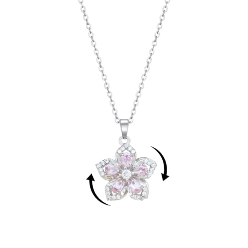 KONPJE Necklace for Women Gold Flower Fidget Necklace Rotatable Crystal Silver Blossom Pendant Necklaces Adjustable Spinning Fidget Necklaces Redbud Flower Choker Funny Gift Jewelry(silver pink)