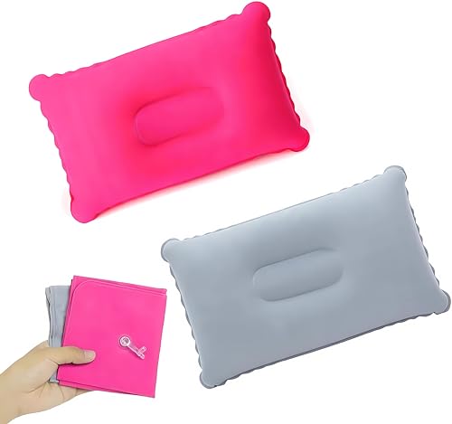 MEETTIKEY Inflatable Camping Pillow Ultralight & Compressible Soft Waterproof Portable Blow Up Pillow for Camping Hiking Beach Fishing & Office 34 x 22cm (Rose Red & Grey)