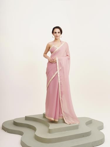 Image of ORHANS Women's Chiffon Saree with Unstitched Blouse Piece Solid Pattern and Laced Border | Lightweight Sarees for Woman | Plain Saris Daily Use | Womens Saree Modern Pattern| Stylish Saree
