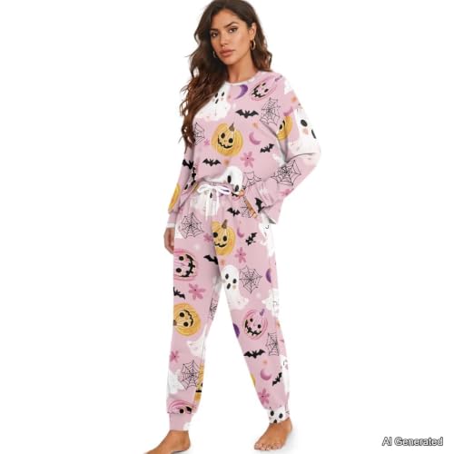 Image of Womens Lounge Set Long Sleeve Soft Pajama Sets | Casual 2 Piece Pj Outfit, Crewneck Sleepwear with Pockets, Adjustable Drawstring, Soft Comfy Fall Pajamas, Plus Size