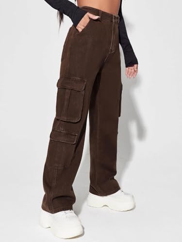 Image of GRECIILOOKS Cargo Jeans for Women - Wide Leg High Waist Baggy Denim Pants | Casual Fit Trousers with Utility Pocket Design