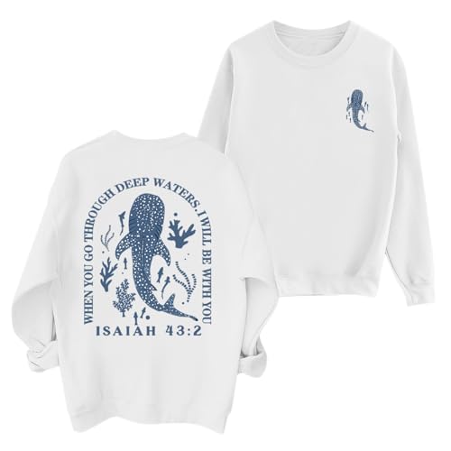 Sulayesh Christian Whale Shark Sweatshirts for Women Jesus God Bible Verse Hoodie Religious Faith Graphic Long Sleeve Shirts (White M)
