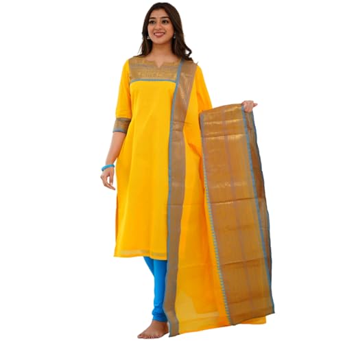 Image of TWINLIGHT Women's Kanchi Cotton Elephant Jaquard Work Kurta and Dupatta Set | V Neck 3 /4 Sleeves Straight Calf Length Kurti with Jaquard Border Work Dupatta | Kurti Set for Women