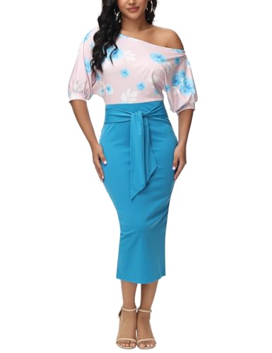 Womens Floral Print Cocktail Off Shoulder Belted Work Midi Pencil Dress