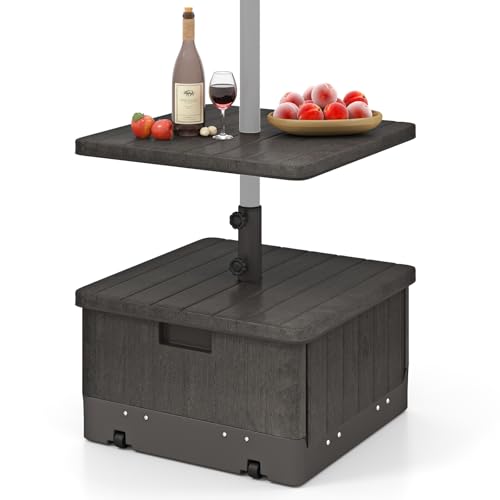 GOPLUS Base De Sombrilla Móvil Rellenable De Alta Resistencia, Soporte para Sombrilla con Ruedas Y Asa, Bandeja De Mesa, 2 Perillas Ajustables, para Poste De Diámetro. 38mm/48mm (Cafetería)