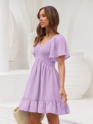 Image of LILLUSORY Women's Flowy Casual Mini Dresses 2026 Summer Graduation Smocked V Neck Vacation Dress Dress with Pockets