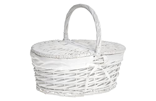 HERSIG - Cesta Mimbre Grande con asa – Cestas de Mimbre Multiusos - Cestas con Tapa para Picnic - Cesta Picnic Ovalada Blanca 35 x 25 x 17/30 cm