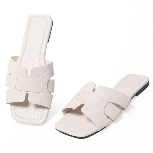 Image of Women's Dressy Casual Flat Sandals, Elegant Comfortable Slip-On Slides with Textured Upper, Versatile Dressy Style for Everyday Wear