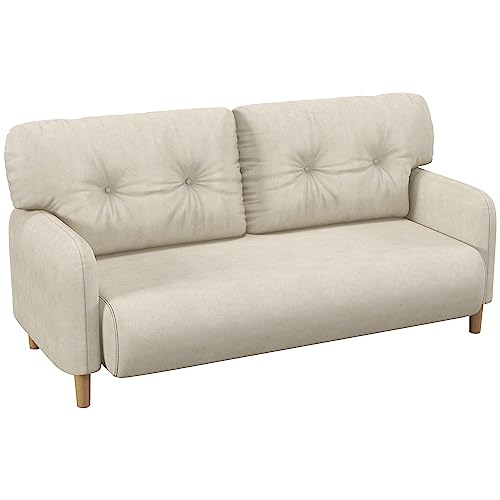 HOMCOM 58″ Loveseat Sofa for Bedroom, Modern Love Seats Furniture, Upholstered 2 Seater Couch with 2 Tufted Back Cushions, Solid Wood Frame, Beige
