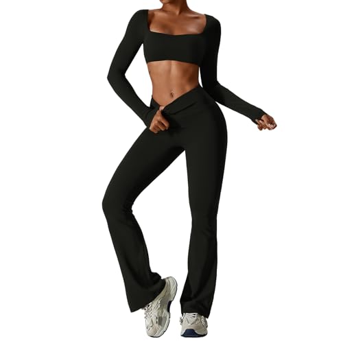 IMEKIS Conjunto de deporte para mujer, traje de gimnasio, manga larga, camiseta de yoga con pantalones acampanados, 2 piezas, traje deportivo, entrenamiento, fitness, ropa para correr, pilates, Negro