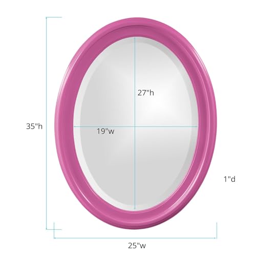 Image of Howard Elliott Collection George Oval Glossy Hot Pink Wall Mirror, Oval Bevelled Hanging Wood Framed Vanity Mirrors for Home Decor, Living Room, Bathroom, Bedroom, or Hallway, 25 x 33 Inch