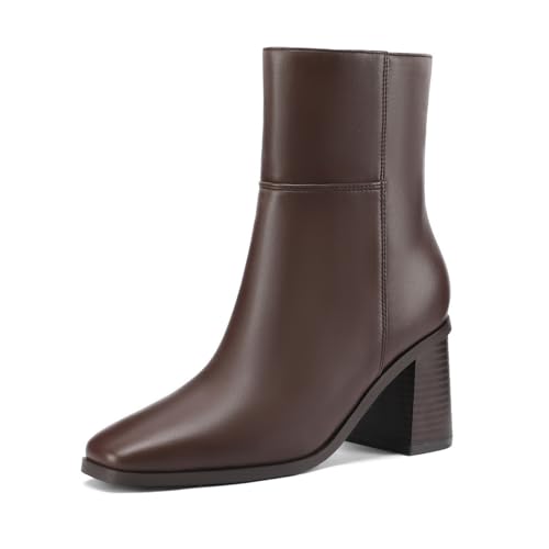 Women Ankle Boots Square Toe Chunky Heel Booties Mid Stacked Heels Fashion Dress Short Boots with Zips