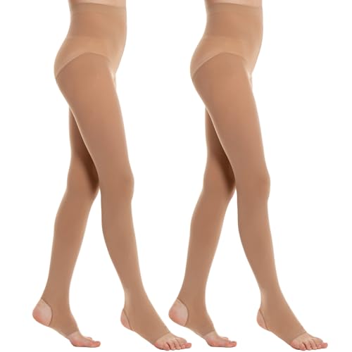 MANZI 2 Pairs Girls Stirrup Dance Tights Convertible Transition Todder Ballet Tights 40D Light Suntan Large