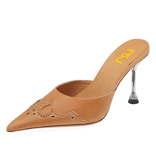 FSJ Women Gorgeous Studded Pointed Toe Mules Stiletto High Heel Slip On Ladies Casual Dress Slipper Shoes Size 4-15 US