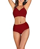Adigaber Damen Bikini Set High Waist Adjustable Zweiteilig Badeanzug Falten Retro Gerafft Lace Up Bathing Suit