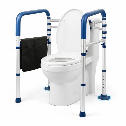 Toilet Safety Rail Toilet Safety Frames for Disabled and Elderly Supports up to 150kg Versatile Portable Handrails with Storage Bag Foldable & Portable Fit for Seniors The Injured (White+Blue)