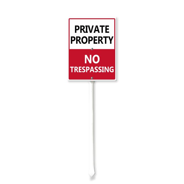 Horienteeon No Trespassing Signs for Yard with Stake, Sturdy Aluminum Sign Rust Free, Private Property Sturdy Aluminum Sign Decoration for Yard Garden Lawn Outdoor 17.5×22cm