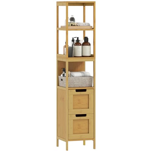 kleankin Meuble Colonne Rangement Salle de Bain Style Cosy dim. 30L x 30l x 144H cm 3 étagères 2 tiroirs Bambou Naturel