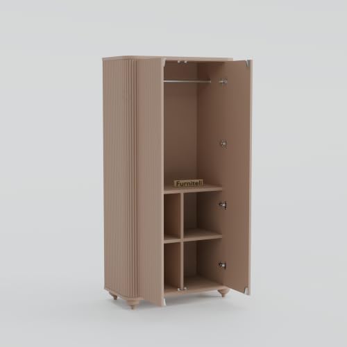 Image of 2 Door Wardrobe Almirah for Bedroom, 72 Inch | Premium HDHMR Wooden Cupboard with Hanging Rod & Storage Compartments | Fluted Push-to-Open Clothes Organizer Cabinet | Taupe Finish