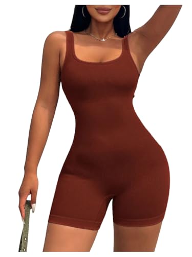 Image of WDIRARA Women's Workout Romper Gym Yoga Unitard Square Neck One Piece Shorts Jumpsuit