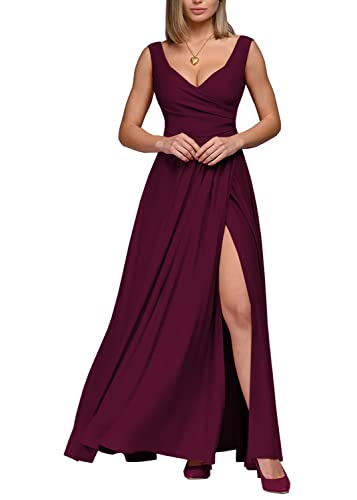 Tomwell Damen Langes Elegantes Kleid Abendkleid Frauen Blumenkleid Party Festliches Partykleid Mit Schlitz Kleid B Weinrot M