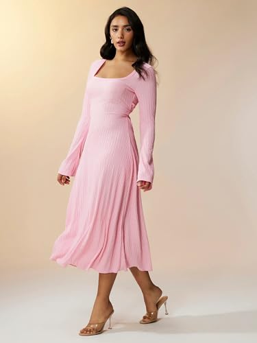 Image of Shasmi Women's Square Neck A-Line Dress - Long Sleeve, Tie Waist, Knitted Stretchable, Casual & Office Outfit, Solid Winter Midi Dress for Women (Dress 221)